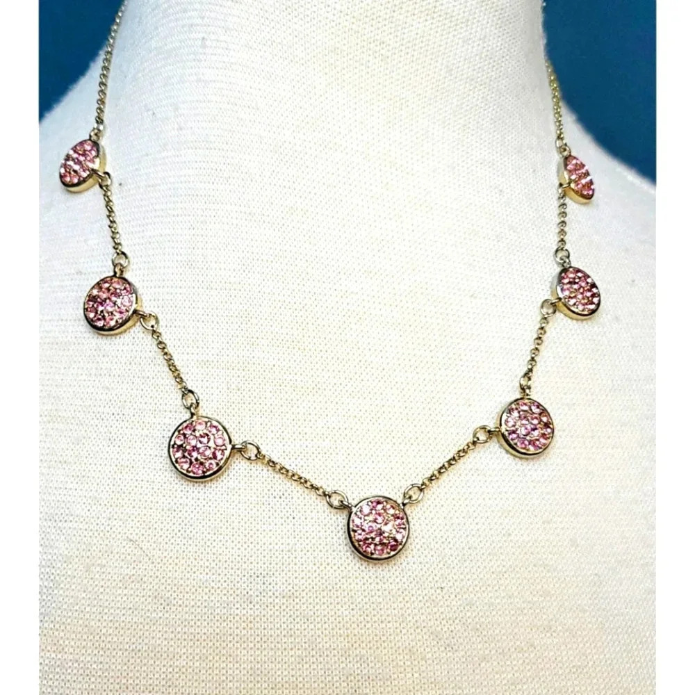Gold tone and Pink Rhinestone Disc Necklace